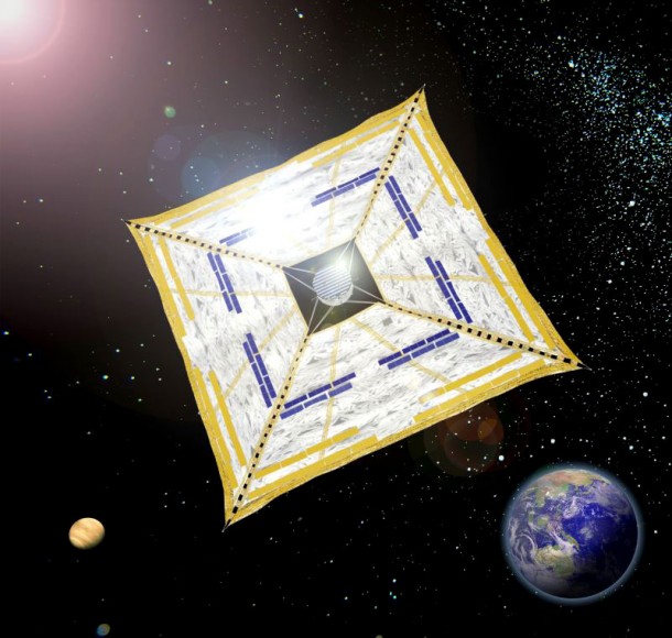 A Solar Sail gathers sunlight as propulsion by means of a large membrane while a Solar “Power” Sail gets electricity from thin film solar cells on the membrane in addition to acceleration by solar radiation. Credit: JAXA A Solar Sail gathers sunlight as propulsion by means of a large membrane while a Solar “Power” Sail gets electricity from thin film solar cells on the membrane in addition to acceleration by solar radiation. Credit: JAXA