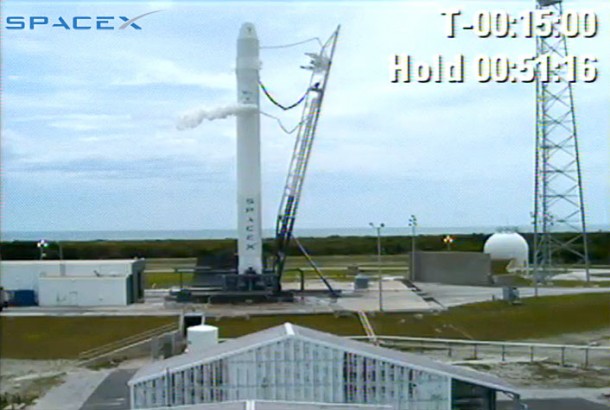 The SpaceX Falcon 9 rocket sits poised on Cape Canaveral to begin a new era in space flight. Credit: SpaceX The SpaceX Falcon 9 rocket sits poised on Cape Canaveral to begin a new era in space flight. Credit: SpaceX