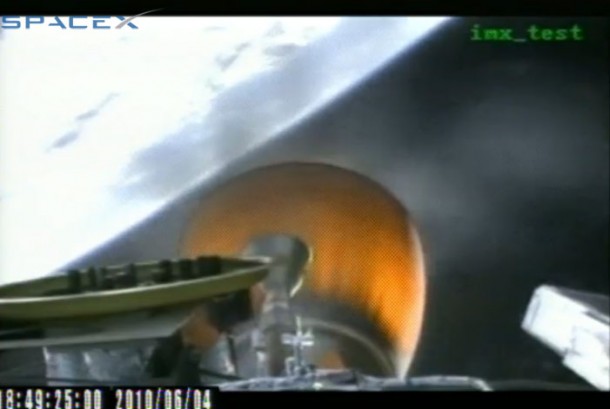 As expected, the radiatively cooled expansion nozzle of the engine is glowing red hot. This operates like the Falcon 1 vehicle, but larger. Credit: SpaceX As expected, the radiatively cooled expansion nozzle of the engine is glowing red hot. This operates like the Falcon 1 vehicle, but larger. Credit: SpaceX