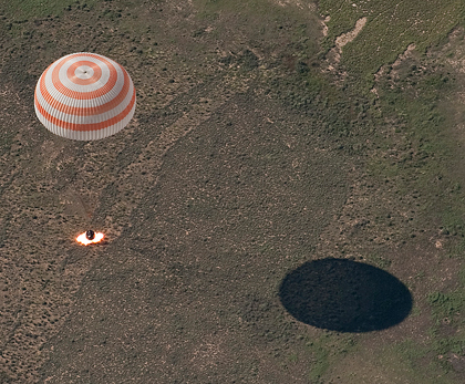 The Soyuz TMA-17 spacecraft carrying Expedition 23 Commander Oleg Kotov and Flight Engineers T.J. Creamer and Soichi Noguchi lands on the steppes of Kazakhstan. Credit: NASA The Soyuz TMA-17 spacecraft carrying Expedition 23 Commander Oleg Kotov and Flight Engineers T.J. Creamer and Soichi Noguchi lands on the steppes of Kazakhstan. Credit: NASA