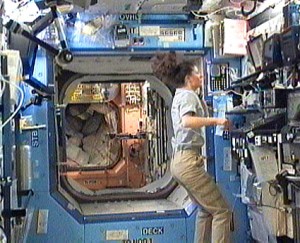Expedition 24 Flight Engineer Tracy Caldwell Dyson works in the Destiny laboratory of the International Space Station. Credit: NASA TV Expedition 24 Flight Engineer Tracy Caldwell Dyson works in the Destiny laboratory of the International Space Station. Credit: NASA TV