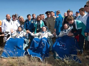 The Expedition 23 crew members are seated in chairs near their Soyuz TMA-17 spacecraft just minutes after they landed near the town of Zhezkazgan, Kazakhstan. From the left are Japan Aerospace Exploration Agency astronaut Soichi Noguchi, Russian cosmonaut Oleg Kotov and NASA astronaut T.J. Creamer. Credit: NASA The Expedition 23 crew members are seated in chairs near their Soyuz TMA-17 spacecraft just minutes after they landed near the town of Zhezkazgan, Kazakhstan. From the left are Japan Aerospace Exploration Agency astronaut Soichi Noguchi, Russian cosmonaut Oleg Kotov and NASA astronaut T.J. Creamer. Credit: NASA