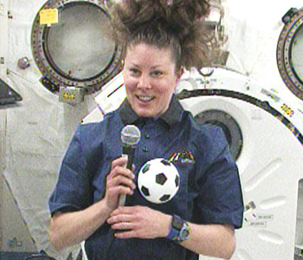 Flight Engineer Tracy Caldwell Dyson talked to ESPN2 about the World Cup and answered students’ questions about life on the International Space Station. Credit: NASA TV Flight Engineer Tracy Caldwell Dyson talked to ESPN2 about the World Cup and answered students’ questions about life on the International Space Station. Credit: NASA TV