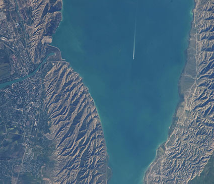 The Mingachevir Reservoir and Azerbaijan’s fourth largest city, Mingachevir, were photographed by a station crew member. The reservoir is located between the Greater and Lesser Caucasus Mountains. Credit: NASA The Mingachevir Reservoir and Azerbaijan’s fourth largest city, Mingachevir, were photographed by a station crew member. The reservoir is located between the Greater and Lesser Caucasus Mountains. Credit: NASA