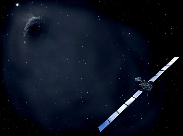 An artist’s impression of Rosetta waking from deep-space hibernation to rendezvous with Comet 67P/Churyumov-Gerasimenko in 2014. Credits: ESA, image by AOES Medialab An artist’s impression of Rosetta waking from deep-space hibernation to rendezvous with Comet 67P/Churyumov-Gerasimenko in 2014. Credits: ESA, image by AOES Medialab