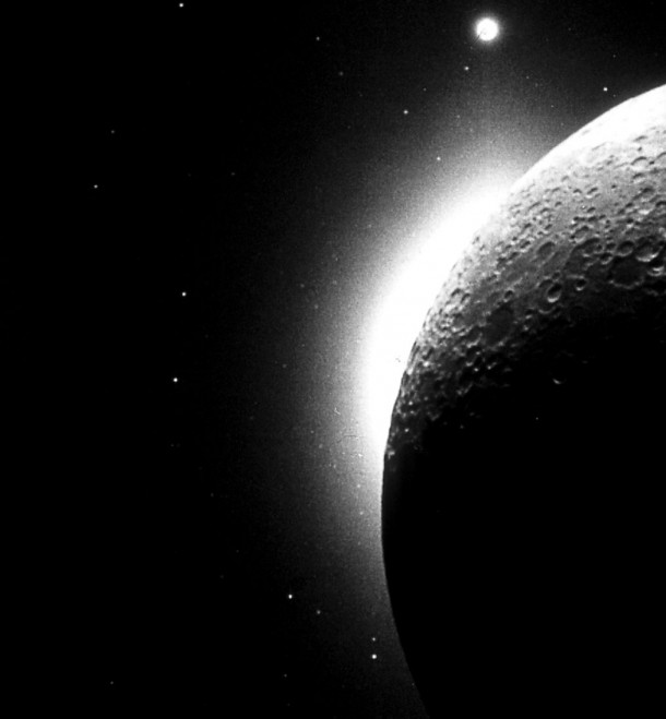 This is a picture of coronal and zodiacal light (CZL) taken with the Clementine spacecraft, when the sun was behind the moon. The white area on the edge of the moon is the CZL, and the bright dot at the top is the planet Venus. Credit: NASA This is a picture of coronal and zodiacal light (CZL) taken with the Clementine spacecraft, when the sun was behind the moon. The white area on the edge of the moon is the CZL, and the bright dot at the top is the planet Venus. Credit: NASA