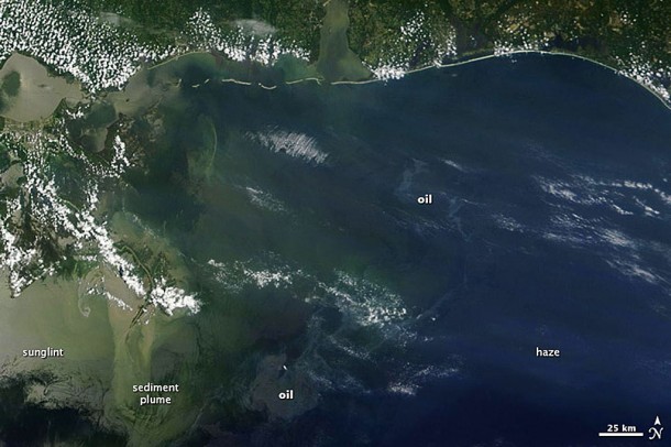 The Different Appearances of Oil in New NASA Satellite Image. Credit: NASA Goddard MODIS Rapid Response/Holli Riebeek The Different Appearances of Oil in New NASA Satellite Image. Credit: NASA Goddard MODIS Rapid Response/Holli Riebeek