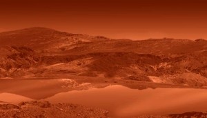 This artist concept shows a mirror-smooth lake on the surface of the smoggy moon Titan. Image credit: NASA/JPL This artist concept shows a mirror-smooth lake on the surface of the smoggy moon Titan. Image credit: NASA/JPL