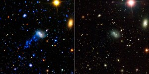 NASA's Galaxy Evolution Explorer found a tail behind a galaxy called IC 3418. The star-studded tail can be seen in the image on the left, as detected by the space telescope in ultraviolet light. The tail has escaped detection in visible light, as shown by the image on the right. Credit: NASA/JPL-Caltech NASA's Galaxy Evolution Explorer found a tail behind a galaxy called IC 3418. The star-studded tail can be seen in the image on the left, as detected by the space telescope in ultraviolet light. The tail has escaped detection in visible light, as shown by the image on the right. Credit: NASA/JPL-Caltech