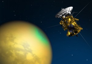 Artist's concept of Cassini's June 4, 2010, flyby of Saturn's moon Titan. Image credit: NASA/JPL  