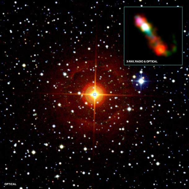 This image shows the symbiotic system known as CH Cyg, located only about 800 light years from Earth. Credit: X-ray: NASA/CXC/SAO/M.Karovska et al; Optical: NASA/STScI; Radio: NRAO/VLA]; Wide field [Optical (DSS)