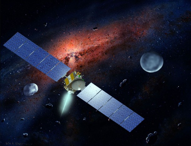 NASA's Dawn spacecraft, illustrated in this artist's concept, is propelled by ion engines. Image credit: NASA/JPL NASA's Dawn spacecraft, illustrated in this artist's concept, is propelled by ion engines. Image credit: NASA/JPL