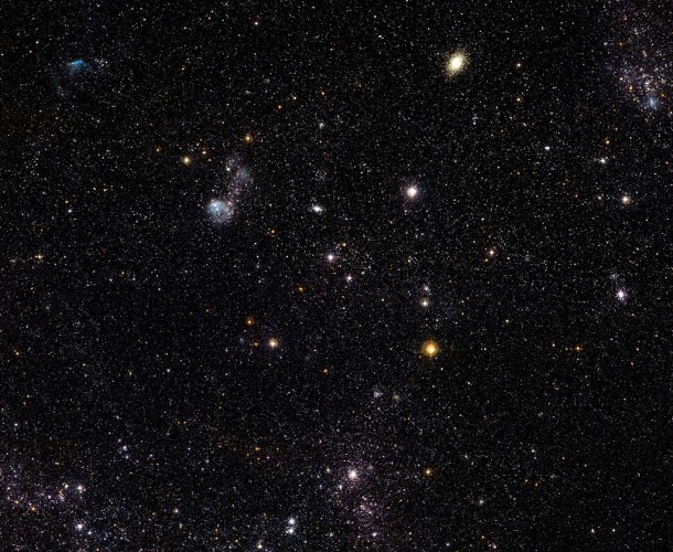 This spectacular new image from the Wide Field Imager on the MPG/ESO 2.2-metre telescope reveals a celestial menagerie of different objects and phenomena in part of the Large Magellanic Cloud, a small companion galaxy to our own Milky Way. Credit: ESO This spectacular new image from the Wide Field Imager on the MPG/ESO 2.2-metre telescope reveals a celestial menagerie of different objects and phenomena in part of the Large Magellanic Cloud, a small companion galaxy to our own Milky Way. Credit: ESO