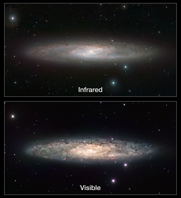 This image compares infrared and visible views of the Sculptor Galaxy (NGC 253). The visible light image (lower) was taken with the Wide Field Imager on the MPG/ESO 2.2-metre telescope at La Silla in Chile (eso0902). The new infrared image (upper) was taken with the VISTA telescope at ESO’s Paranal Observatory. Credit: ESO This image compares infrared and visible views of the Sculptor Galaxy (NGC 253). The visible light image (lower) was taken with the Wide Field Imager on the MPG/ESO 2.2-metre telescope at La Silla in Chile (eso0902). The new infrared image (upper) was taken with the VISTA telescope at ESO’s Paranal Observatory. Credit: ESO