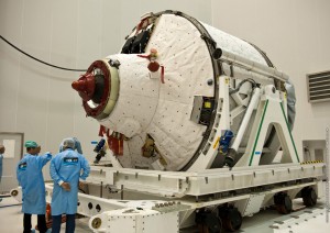 The ATV’s Integrated Cargo Carrier section is shown in the Spaceport’s S5 payload preparation facility. The ATV’s Integrated Cargo Carrier section is shown in the Spaceport’s S5 payload preparation facility.