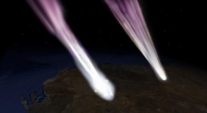 This artist's concept depicts the Hayabusa spacecraft (left) and sample return capsule (right) entering the atmosphere over South Australia. Image credit: NASA/JPL This artist's concept depicts the Hayabusa spacecraft (left) and sample return capsule (right) entering the atmosphere over South Australia. Image credit: NASA/JPL