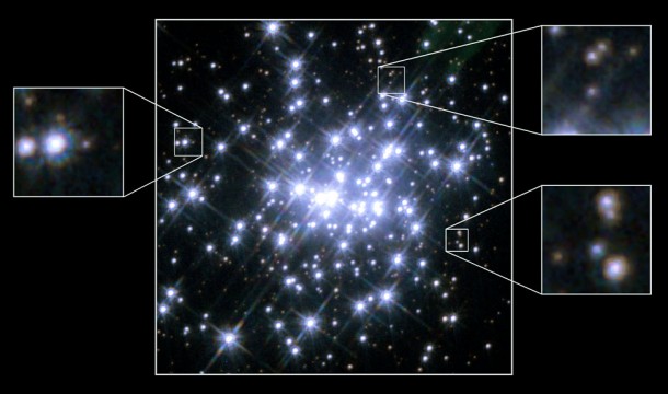 The massive compact star cluster in NGC 3603. The image is a colour composite of observations using the WFPC2 filters F547M (1997) and F555W (2007) (blue), F675W (green) and F814W (red). The field of view is about 20 arcsec across. The boxes show a zoomed view of three foreground stars with a particularly high apparent speed relative to the cluster members. Credits: NASA/ESA The massive compact star cluster in NGC 3603. The image is a colour composite of observations using the WFPC2 filters F547M (1997) and F555W (2007) (blue), F675W (green) and F814W (red). The field of view is about 20 arcsec across. The boxes show a zoomed view of three foreground stars with a particularly high apparent speed relative to the cluster members. Credits: NASA/ESA