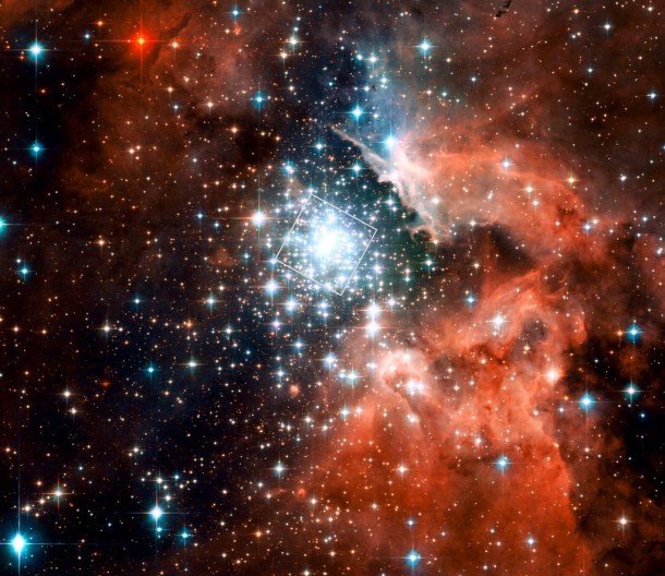 This view of the rich star formation region NGC 3603 and its massive compact central star cluster was taken with the Advanced Camera for Surveys on the NASA/ESA Hubble Space Telescope. The region that was studied in detail to detect the motion of stars within the cluster is shown as a box. Credits: NASA/ESA/Hubble Heritage (STScI/AURA) This view of the rich star formation region NGC 3603 and its massive compact central star cluster was taken with the Advanced Camera for Surveys on the NASA/ESA Hubble Space Telescope. The region that was studied in detail to detect the motion of stars within the cluster is shown as a box. Credits: NASA/ESA/Hubble Heritage (STScI/AURA)