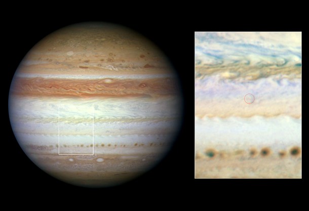 Detailed observations made by the NASA/ESA Hubble Space Telescope have led researchers to believe that the flash of light seen on Jupiter on 3 June was a meteor. This visitor from space did not plunge deep enough into the atmosphere to explode and leave behind any telltale cloud of debris, as seen in previous Jupiter collisions. Credit: NASA, ESA Detailed observations made by the NASA/ESA Hubble Space Telescope have led researchers to believe that the flash of light seen on Jupiter on 3 June was a meteor. This visitor from space did not plunge deep enough into the atmosphere to explode and leave behind any telltale cloud of debris, as seen in previous Jupiter collisions. Credit: NASA, ESA