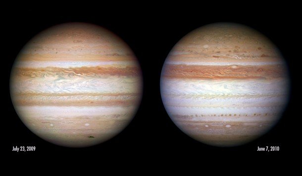 The giant and stormy planet Jupiter has gone through a makeover, as seen in these comparative NASA/ESA Hubble Space Telescope images taken nearly 11 months apart. Several months ago the dark Southern Equatorial Belt vanished. The last time this happened was in the early 1970s, when we didn’t have powerful enough telescopes to study the change in detail. Credit: NASA, ESA The giant and stormy planet Jupiter has gone through a makeover, as seen in these comparative NASA/ESA Hubble Space Telescope images taken nearly 11 months apart. Several months ago the dark Southern Equatorial Belt vanished. The last time this happened was in the early 1970s, when we didn’t have powerful enough telescopes to study the change in detail. Credit: NASA, ESA