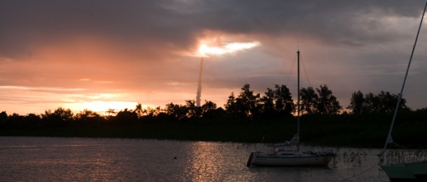 Arianespace’s heavyweight Ariane 5 flight with the Arabsat-5A and COMS satellites lifts off at sunset from the Spaceport in French Guiana. Arianespace’s heavyweight Ariane 5 flight with the Arabsat-5A and COMS satellites lifts off at sunset from the Spaceport in French Guiana.