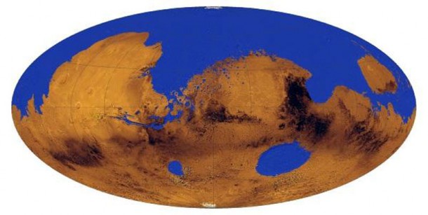 An illustration of what Mars might have looked like some 3.5 billion years ago when an ocean likely covered one-third of the planet’s surface, according to a new University of Colorado at Boulder study. Credit: University of Colorado An illustration of what Mars might have looked like some 3.5 billion years ago when an ocean likely covered one-third of the planet’s surface, according to a new University of Colorado at Boulder study. Credit: University of Colorado