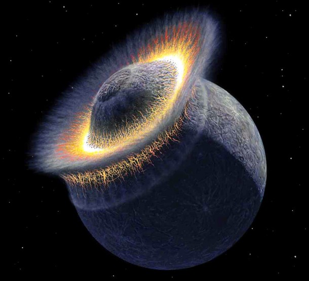 The collision between "Proto-Earth" and Theia, from which the Earth and Moon were created 4,500-4,400 million years ago. Both planets had a massive iron core when they collided and created the Moon and Earth. Credit: University of Copenhagen The collision between "Proto-Earth" and Theia, from which the Earth and Moon were created 4,500-4,400 million years ago. Both planets had a massive iron core when they collided and created the Moon and Earth. Credit: University of Copenhagen