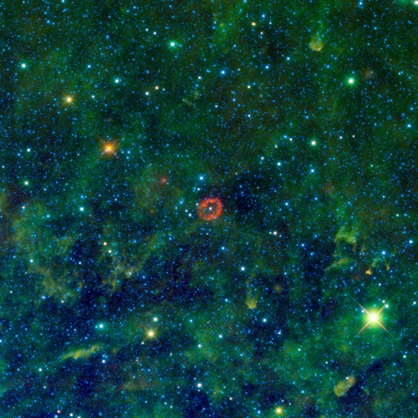 A cloud of material shed by a massive star can be seen in red in this new image from WISE. Image credit: NASA/JPL-Caltech/UCLA A cloud of material shed by a massive star can be seen in red in this new image from WISE. Image credit: NASA/JPL-Caltech/UCLA