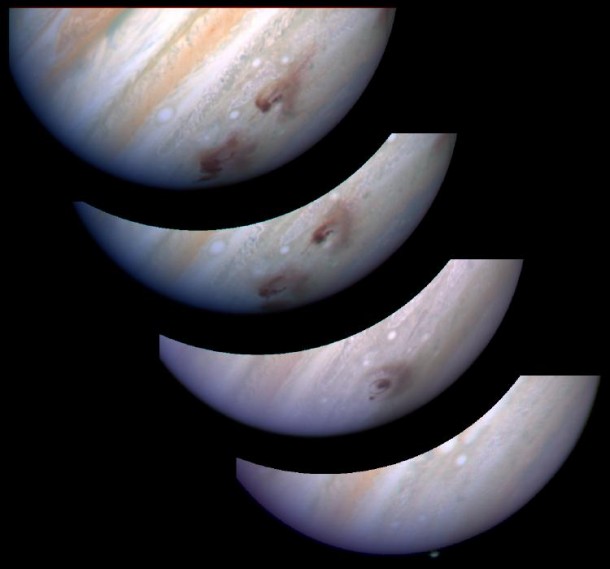 Clouds of debris mark Jupiter's cloudtops following the SL-9 impacts of 1994. Clouds of debris mark Jupiter's cloudtops following the SL-9 impacts of 1994.