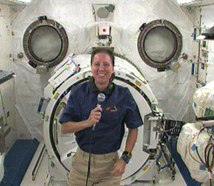 Expedition 24 Flight Engineer Shannon Walker answers questions during interviews with television stations in Houston. Credit: NASA TV Expedition 24 Flight Engineer Shannon Walker answers questions during interviews with television stations in Houston. Credit: NASA TV
