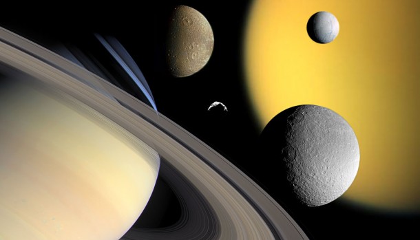 This collage features Saturn and the moons Titan, Enceladus, Dione, Rhea and Helene, which are being studied by the Cassini mission. Credit: NASA/JPL/Space Science Institute This collage features Saturn and the moons Titan, Enceladus, Dione, Rhea and Helene, which are being studied by the Cassini mission. Credit: NASA/JPL/Space Science Institute