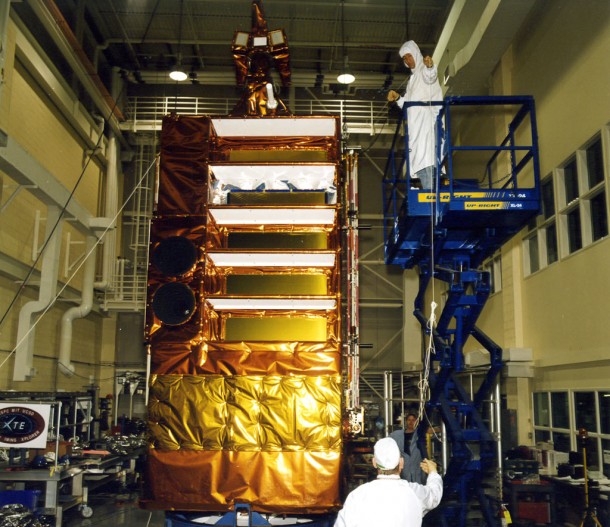 The Rossi X-ray Timing Explorer spacecraft undergoes pre-launch tests in 1995. Credit: NASA/GSFC The Rossi X-ray Timing Explorer spacecraft undergoes pre-launch tests in 1995. Credit: NASA/GSFC