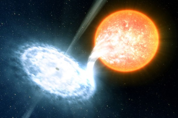 XTE J1550-564 is a binary system in which an evolved star orbits -- and donates matter to -- a black hole estimated at 10 times the sun's mass. Credit: ESO/L. Calçada XTE J1550-564 is a binary system in which an evolved star orbits -- and donates matter to -- a black hole estimated at 10 times the sun's mass. Credit: ESO/L. Calçada