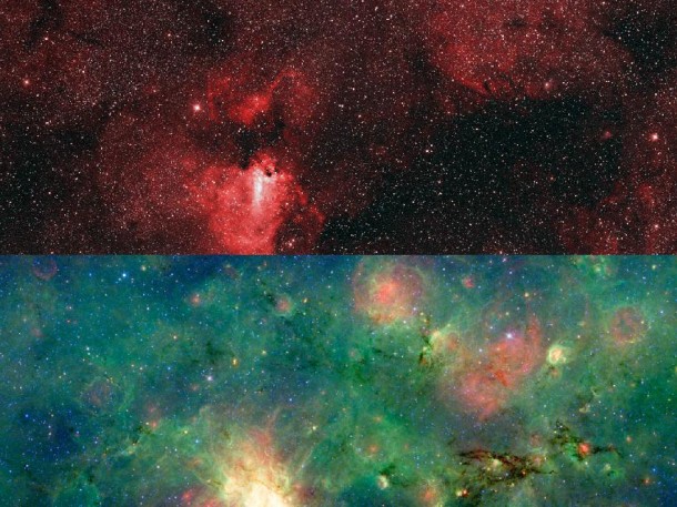 A dragon-shaped cloud of dust seems to fly out from a bright explosion in this infrared light image (bottom) from NASA's Spitzer Space Telescope, a creature that is entirely cloaked in shadow when viewed in visible part of the spectrum (top). Image credit: NASA/JPL-Caltech/Penn State/DSS A dragon-shaped cloud of dust seems to fly out from a bright explosion in this infrared light image (bottom) from NASA's Spitzer Space Telescope, a creature that is entirely cloaked in shadow when viewed in visible part of the spectrum (top). Image credit: NASA/JPL-Caltech/Penn State/DSS
