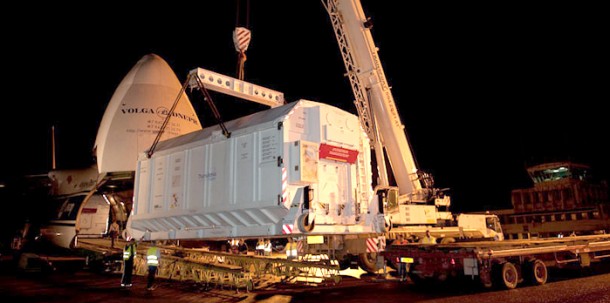 An Antonov An-124 cargo aircraft delivered the Nilesat-201 and RASCOM-QAF1R satellites to Cayenne’s Rochambeau International Airport. An Antonov An-124 cargo aircraft delivered the Nilesat-201 and RASCOM-QAF1R satellites to Cayenne’s Rochambeau International Airport.