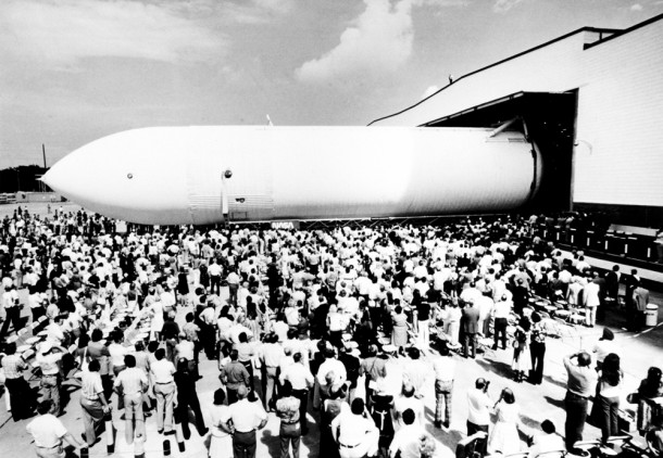 The first Space Shuttle External Tank, the Main Propulsion Test Article (MPTA), rolls off the assembly line September 9, 1977 at the Michoud Assembly Facility in New Orleans. The MPTA was then transported to the National Space Technology Laboratories in southern Mississippi where it was used in the first static firing of the three main engines. Marshall Space Flight Center had management responsibility for Space Shuttle propulsion elements, including the External Tank. Martin Marietta was the prime contractor who designed and assembled the tanks at Michoud. The first Space Shuttle External Tank, the Main Propulsion Test Article (MPTA), rolls off the assembly line September 9, 1977 at the Michoud Assembly Facility in New Orleans. The MPTA was then transported to the National Space Technology Laboratories in southern Mississippi where it was used in the first static firing of the three main engines. Marshall Space Flight Center had management responsibility for Space Shuttle propulsion elements, including the External Tank. Martin Marietta was the prime contractor who designed and assembled the tanks at Michoud.