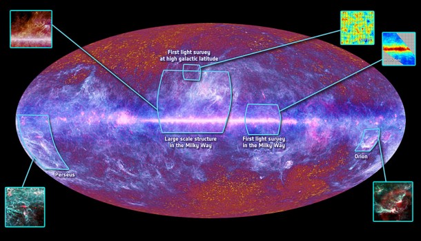 This multi-frequency all-sky image of the microwave sky has been composed using data from Planck covering the electromagnetic spectrum from 30 GHz to 857 GHz. Credits: ESA/ LFI & HFI Consortia This multi-frequency all-sky image of the microwave sky has been composed using data from Planck covering the electromagnetic spectrum from 30 GHz to 857 GHz. Credits: ESA/ LFI & HFI Consortia