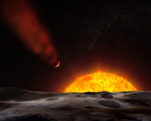 This artist's illustration shows a view of HD 209458b, as seen from the surface of a hypothetical nearby companion object. This artist's illustration shows a view of HD 209458b, as seen from the surface of a hypothetical nearby companion object.