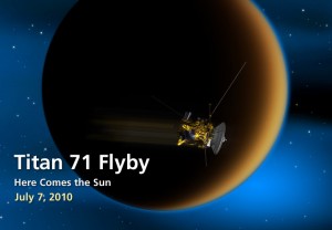 This artist's concept shows NASA's Cassini's spacecraft taking a deep plunge through the Titan atmosphere this week. The altitude for the upcoming Titan flyby, whose closest approach occurs shortly after midnight on July 7, UTC, and in the evening of July 6, Pacific time, will be 1,005 kilometers (624 miles). Image credit: NASA/JPL-Caltech This artist's concept shows NASA's Cassini's spacecraft taking a deep plunge through the Titan atmosphere this week. The altitude for the upcoming Titan flyby, whose closest approach occurs shortly after midnight on July 7, UTC, and in the evening of July 6, Pacific time, will be 1,005 kilometers (624 miles). Image credit: NASA/JPL-Caltech
