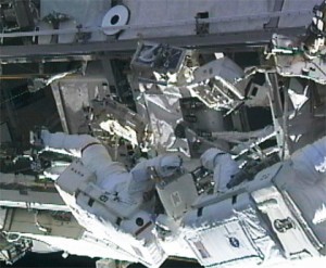 Expedition 24 Flight Engineers Doug Wheelock (left) and Tracy Caldwell Dyson work to remove a failed ammonia pump module on the International Space Station's S1 Truss. Credit: NASA TV Expedition 24 Flight Engineers Doug Wheelock (left) and Tracy Caldwell Dyson work to remove a failed ammonia pump module on the International Space Station's S1 Truss. Credit: NASA TV