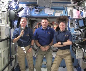 Expedition 24 Flight Engineers Shannon Walker (left), Doug Wheelock (center) and Tracy Caldwell Dyson answer questions from CBS News. Credit: NASA TV Expedition 24 Flight Engineers Shannon Walker (left), Doug Wheelock (center) and Tracy Caldwell Dyson answer questions from CBS News. Credit: NASA TV