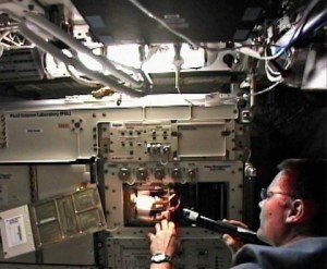 Expedition 24 Flight Engineer Doug Wheelock works on the Fluid Science Laboratory in the International Space Station’s European Columbus laboratory module. Credit: NASA TV Expedition 24 Flight Engineer Doug Wheelock works on the Fluid Science Laboratory in the International Space Station’s European Columbus laboratory module. Credit: NASA TV
