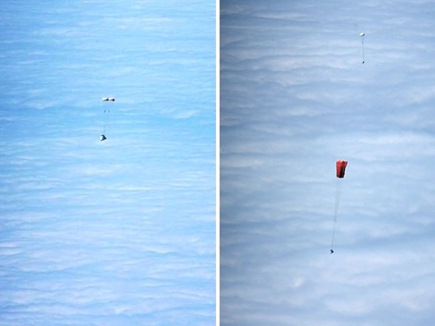 Left photo: The drogue parachutes stabilize and slow the spacecraft. Right photo: Detached drogue parachutes (top) descend after pulling out the main parachutes, which are shown in the process of deployment. Photo Credit: Roger Gilbertson/SpaceX. Left photo: The drogue parachutes stabilize and slow the spacecraft. Right photo: Detached drogue parachutes (top) descend after pulling out the main parachutes, which are shown in the process of deployment. Photo Credit: Roger Gilbertson/SpaceX.