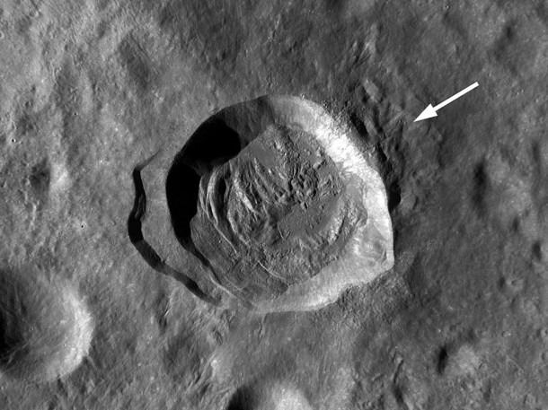 A WAC monochrome view of the 30-km crater Necho. The impact melt is concentrated outside the northeastern rim, approximate location of the NAC detailed views is indicated by arrow. Credit: NASA/GSFC/Arizona State University A WAC monochrome view of the 30-km crater Necho. The impact melt is concentrated outside the northeastern rim, approximate location of the NAC detailed views is indicated by arrow. Credit: NASA/GSFC/Arizona State University