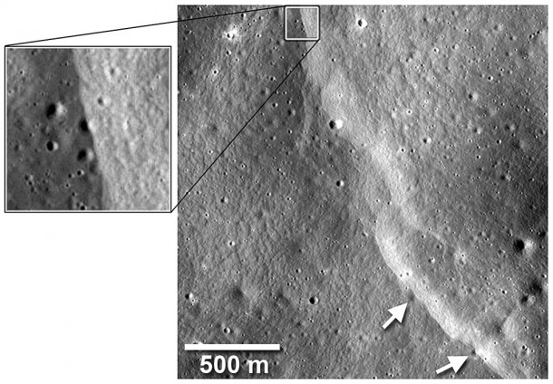 Another fault cut across and deformed several small diameter (~40-m diameter) impact craters (arrows) on the flanks of Mandel’shtam crater (6.5°N, 161°E). The fault carried near-surface crustal materials up and over the craters, burying parts of their floors and rims. About half of the rim and floor of a 20 m-in-diameter crater shown in the box has been lost. Since small craters only have a limited lifetime before they are destroyed by newer impacts, their deformation by the fault shows the fault to be relatively young. Credit: NASA/Goddard/Arizona State University/Smithsonian Another fault cut across and deformed several small diameter (~40-m diameter) impact craters (arrows) on the flanks of Mandel’shtam crater (6.5°N, 161°E). The fault carried near-surface crustal materials up and over the craters, burying parts of their floors and rims. About half of the rim and floor of a 20 m-in-diameter crater shown in the box has been lost. Since small craters only have a limited lifetime before they are destroyed by newer impacts, their deformation by the fault shows the fault to be relatively young. Credit: NASA/Goddard/Arizona State University/Smithsonian