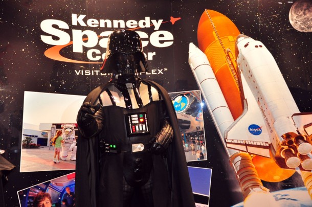 Darth Vader came by the NASA and Kennedy Space Center Visitor Complex booths during Star Wars Celebration V in Orlando, Fla. Photo credit: NASA/Gianni Woods Darth Vader came by the NASA and Kennedy Space Center Visitor Complex booths during Star Wars Celebration V in Orlando, Fla. Photo credit: NASA/Gianni Woods