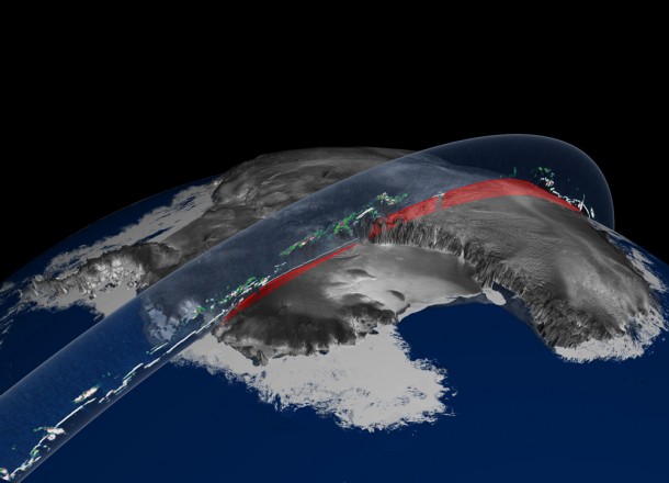 ICESat data swath over Antarctica showing ice sheet elevation and clouds. Credit: NASA 