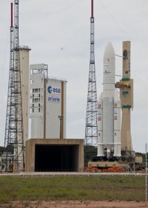 Ariane 5 nears completion of its transfer as the heavy-lift vehicle moves into the Spaceport's ELA-3 launch zone. Ariane 5 nears completion of its transfer as the heavy-lift vehicle moves into the Spaceport's ELA-3 launch zone.