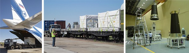 The initial three Globalstar second-generation satellites arrived at Baikonur Cosmodrome on August 11 aboard an An-124 cargo jetliner (photo at left), and were transported via the launch site’s internal railroad system (center photo) to clean room processing facilities. At right is a photo of the Soyuz launcher’s dual-segment payload dispenser, which will carry a total of six Globalstar satellites on each of the four missions to be performed by Arianespace. The initial three Globalstar second-generation satellites arrived at Baikonur Cosmodrome on August 11 aboard an An-124 cargo jetliner (photo at left), and were transported via the launch site’s internal railroad system (center photo) to clean room processing facilities. At right is a photo of the Soyuz launcher’s dual-segment payload dispenser, which will carry a total of six Globalstar satellites on each of the four missions to be performed by Arianespace.