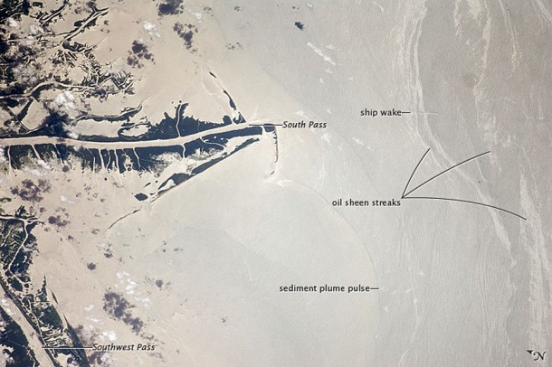 Oil Slick, Mississippi River Delta, Gulf of Mexico From the ISS. Credit: NASA Oil Slick, Mississippi River Delta, Gulf of Mexico From the ISS. Credit: NASA